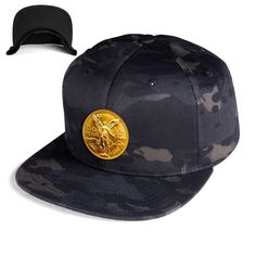 The Centenario Hat features a printed leather patch inspired by the Mexican 50 pesos gold bullion coin. The patch is adhered to a classic flatbill snapback and adds a unique touch to your attire while honoring your cultural heritage. Patch Details:UV ink printed on white leatherThe leather patch measures 2 ⅛" in diameterAttached to the hat with industrial strength adhesive Snapback Hat Details: - Visor: Flat Bill, Green Bottom- Profile: High- Crown: 3 3/4"- Panels: 6 Gold Snapback Hat With Flat Brim For Streetwear, Gold Snapback Baseball Cap For Streetwear, Gold Flat Bill Hat For Streetwear, Gold Snapback Hat For Streetwear, Gold Snapback Trucker Hat For Streetwear, Gold Bullion Coins, Multicam Black, Bullion Coins, Gray Camo