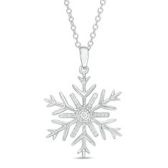 With a wintry look that shimmers, this diamond snowflake pendant is a cool anytime addition. Crafted in sterling silver, this dainty design features a center diamond - artfully set to enhance size and sparkle - wrapped in petite beading and surrounded by polished and diamond-lined tendrils. Captivating with 1/8 ct. t.w. of diamonds and a brilliant buffed luster, this pendant suspends along an 18.0-inch cable chain that secures with a spring-ring clasp. Zales Zales, Necklace White Gold, Snowflake Necklace, Silver Bling, Snowflake Pendant, Jewelry Drawing, Beads Bracelet Design, Necklace White, Lotus Flower Tattoo