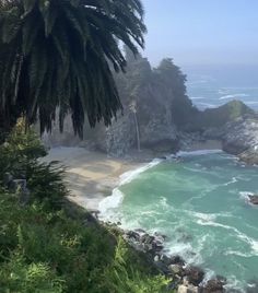 an ocean view with waves crashing on the shore and palm trees in the foreground