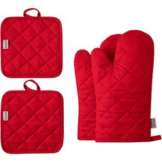 three oven mitts and one oven mitt are shown in the same red color