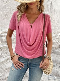 Pink Short Sleeve Solid Color Top, Dark Pink, Clothing Items, Casual Shirts, Casual Shorts, Shirt Blouses, Women's Clothing, Womens Shirts, Dress Up