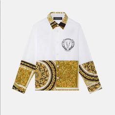 Size 8 In Boys. Like New Only Wore For 3 Hours. Clean No Stains. Luxury White Cotton Shirt, Luxury White Long Sleeve Tops, Luxury White Summer Shirt, Designer White Long Sleeve Top, Luxury White Top With Monogram Print, Versace Shirts, Collard Shirt, Versace Kids, Versace Gold