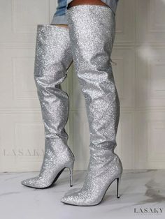 Lasaky - Silver Glitter Thigh High Heel Boots for Women Thigh High Heel Boots, Silver High Heel, Silver Sparkly Heels, Heel Boots For Women, Thigh High Heels, Thigh High Boots Heels, Elegant Heels, Sparkly Heels, Zipper Heels