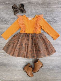 Sunflower Chiffon Girls Long Sleeve Dress - Sydney So Sweet Yellow Long Sleeve Dress For Fall, Orange Ruffled Dress For Fall, Flowy Long Sleeve Dress With Ruffles For Fall, Cute Flowy Long Sleeve Dresses, Flowy Orange Fall Dress, Orange Long Sleeve Fall Dress, Toddler Fall Dress, Ohio Girls, Toddler Girl Fall