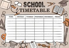 a school timetable with books and other items around it