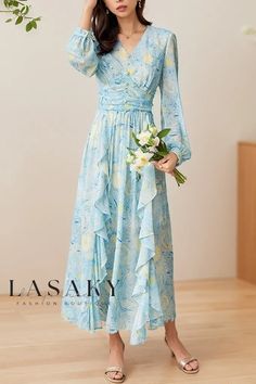 Lasaky - Van Gogh-inspired Starry Sky Artistic Floral Print Maxi Dress featuring Elegant Lace Trim and Flowing Skirt Chiffon Styles, Starry Night Art, Sophisticated Dress, Linen Maxi Dress, Flowing Skirt, Floral Print Maxi Dress, Floral Print Maxi, Mid Length Skirts, Chiffon Skirt