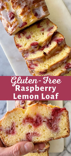 the gluten - free raspberry lemon loaf is cut into slices