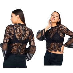 Long Sleeve Lace Bell Blouse Black Lace Mesh Sleeve Blouse Gorgeous Black Lace Top Mock Turtleneck High Neck Plus Size 1xl To 2xl New Without Tag You Can Wear It As A Blouse Or Jacket Cardigan Sweater From Love University Looks Fabulous On With A High Neck Sl Cropped Body All Lace And Part Of Sleeve The Rest Of The Sleeves Are Sheer And Go Into A Bell With Lace Trim. The Back Has A Silver Colored Zipper All The Way Up. Easy To Put On. Really Sexy And Sophisticated Looking. A Nude Or Black Brazie Long Sleeve Lace Crop Top For Party, Sheer Sleeves Tops For Night Out In Fall, Black Crop Top With Sheer Sleeves For Party, Fall Party Crop Top With Sheer Sleeves, Sheer Lace Top For Fall Night Out, Sheer Lace Top For Night Out In Fall, Black Lace Top With Sheer Sleeves For Fall, Elegant Crop Top With Sheer Sleeves For Night Out, Elegant Long Sleeve Lace Crop Top