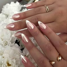 Best 23+ chrome french nails you must try this year Chrome French Nails, Gel Chrome Nails, Future Nails, Chrome French, White Chrome Nails, Ideas Uñas, Bridesmaids Nails, Almond Nails Designs, Pearl Nails