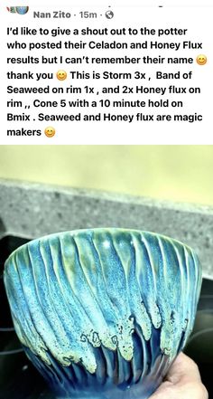 a person holding a blue bowl in their hand with the caption'i like to give a shot out to the potter who posted their celadon and honey flix results