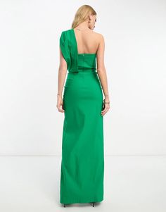 Vesper asymmetric pleated one shoulder maxi dress in green | ASOS One-shoulder Ruched Maxi Evening Dress, One-shoulder Ruched Maxi Dress For Cocktail, One Shoulder Ruched Maxi Dress For Cocktail, Ruched One-shoulder Maxi Evening Dress, Off-shoulder Green Midi Dress For Evening, Green Ruched Midi Evening Dress, Green Off-shoulder Cocktail Maxi Dress, Green One-shoulder Asymmetrical Dress For Evening, Green One Shoulder Asymmetrical Dress For Evening