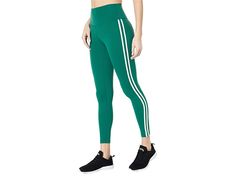 Splits59 Ella High-Waist Airweight 7/8 Leggings - Women's Casual Pants : Arugula/White : Give a classy touch to your workout look wearing the Splits59 Ella High-Waist Airweight 7/8 Leggings. High-rise fit. Wide elasticized waistband. Two-tone striped panels on the left leg. Body-hugging silhouette. Pull-on construction. 81% nylon, 19% spandex. Machine wash, tumble dry. Imported. Measurements: Waist Measurement: 20 in Outseam: 32 in Inseam: 23 in Front Rise: 10 in Back Rise: 11 in Leg Opening: 6 Striped Sportswear Bottoms For Sports, Striped Athleisure Activewear For Sports, Striped Sporty Activewear For Workout, Sporty Striped Activewear For Workout, Striped Sporty Bottoms For Sports, Sporty Striped Bottoms For Sports, Sporty Striped Sports Bottoms, Fitted Activewear With Contrast Stripes For Workout, Stretch Sportswear Activewear With Contrast Stripes