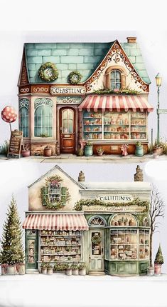 two watercolor paintings of small shops in the winter and christmas season, each with their own storefront