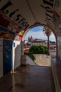 an archway with graffiti on it and palm trees in the distance, under a blue sky