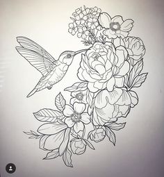 a black and white drawing of a hummingbird flying over flowers