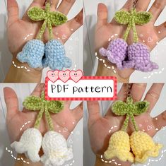 four small crocheted flowers are shown in three different colors, each with a green leaf