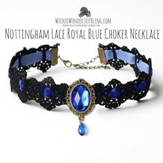 Chokers are one of the newest fashion trends 💎  Our Nottingham Lace Choker comes in 3 different colors! 👏  This choker lies comfortably on the neck with a lace and ribbon "chain" 💙 http://bit.ly/2Pq0iPt Kalung Choker, Black Lace Necklace, Blue Choker Necklace, Tattoo Choker Necklace, Gothic Choker Necklace, Black Lace Choker, Lace Choker Necklace, Blue Choker, Blue Crystal Necklace