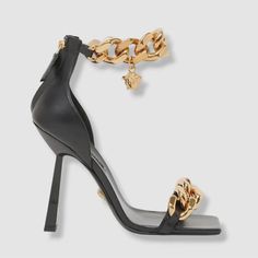 $1450 Versace Women's Black Medusa High Heel Sandals Shoes Size Eu 39.5 Price Is Firm No Offers Luxury Leather Sole Sandals For Cocktail, Luxury Ankle Strap Heels For Gala, Luxury Ankle Strap Heels With Leather Sole, Luxury Heels With Leather Sole And Ankle Strap, Luxury High Heel Sandals For Gala, Leather High Heel Sandals With Chain Strap, Luxury Heels With Leather Sole For Galas, Luxury Formal Sandals With Padded Heel, Luxury Open Toe Heels For Galas