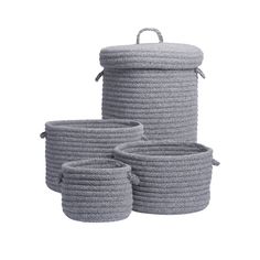 three grey baskets with handles and rope