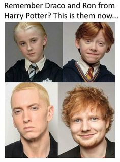 the faces of harry potter are shown in four different pictures, including one with blonde hair