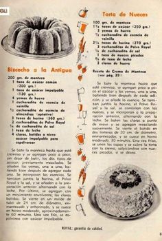 an old recipe book with pictures of cakes and desserts on the pages in spanish