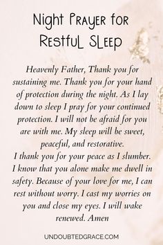 a poem written in white with the words night prayer for restful sleep on it