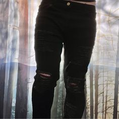 Black Distressed Denim Skinny Jeans Black Ripped Punk Jeans, Punk Style Ripped Black Jeans, Alternative Style Black Jeans For Spring, Urban Ripped Fitted Jeans, Urban Stretch Ripped Bottoms, Urban Style Ripped Fitted Jeans, Urban Style Stretch Ripped Bottoms, Alternative Black Jeans For Fall, Edgy Dark Wash Jeans For Night Out