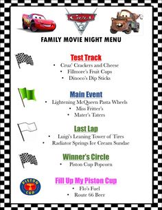 the menu for cars movie night