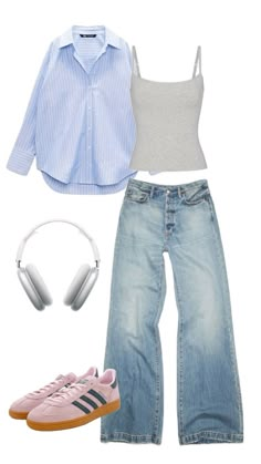 a woman's outfit with headphones and sneakers