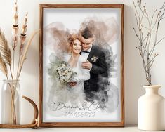 a watercolor painting of a bride and groom holding each other in front of a white wall