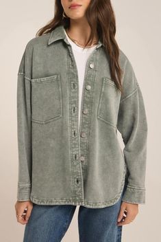 You've been loving our denim version, but let us introduce you to the All Day Knit Jacket. Equally soft and comfy, this oversized button front shirt jacket can be worn open or buttoned for a versatile layer you'll want to live in.  Oversized fit.Cotton French Terry: 100% Cotton.Machine Wash Cold, Hand To Dry, Warm Iron If Needed Palm Green, Knit Denim, Vintage Indigo, French Terry Fabric, Fashion Today, Button Front Shirt, New Tops, Knit Jacket, Knit Cotton