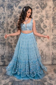 Powdered blue mirror and sequins work lehenga Traditional Suit, Work Lehenga, Traditional Indian Dress, Blue Mirror, Embellished Blouse, Indian Dress, Wedding Lehenga, Chaniya Choli, Net Dupatta