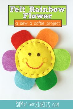 a flower made from felt with petals in a rainbow of colours Hand Sewing Felt Projects, Easy Sewing Projects For Kindergarten, Sew A Softie, Cute Felt Crafts Diy, Childrens Sewing Projects, Kids Christmas Sewing Projects, Sew A Plushie, Rainbow Sewing Projects, Easy Felt Sewing Projects For Kids