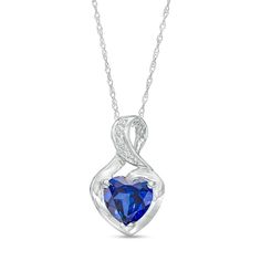 Gift her a charming and elegant symbol of your love with this heart-shaped blue lab-created sapphire and diamond accent pendant. Crafted in cool 10K white gold This look glistens with a 7.0mm heart-shaped bright blue lab-created sapphire. A diamond-accented ribbon loops around the center stone and artfully forms the twist bail above. Blue sapphire is the traditional birthstone for September and symbolizes truth, sincerity and commitment. The pendant suspends along an 18.0-inch rope chain that se Heart-shaped Sapphire Necklace For Formal Occasions, Heart-shaped Sapphire Necklace For Formal, Sapphire Heart Pendant Jewelry For Anniversary, Formal Sapphire Heart Pendant Jewelry, Sapphire Gemstone Necklace For Valentine's Day, Heart Cut Sapphire Jewelry With Diamond Accents, Formal Heart-shaped Sapphire Jewelry, Valentine's Day Sapphire Birthstone Jewelry, Sapphire Heart Cut Birthstone Jewelry