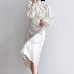 Olivia Mark - White Long-Sleeve Satin Bodycon Maxi Dress Stand Collar Shirt, Bodycon Maxi Dress, Fall Attire, Princess Sleeves, Bodycon Maxi Dresses, Round Neck Dresses, Maxi Dress Cotton, Cotton Maxi, Lace Gown