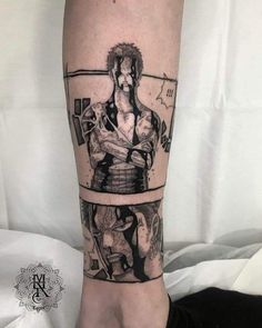 a man's leg with a tattoo on it that has two images of him