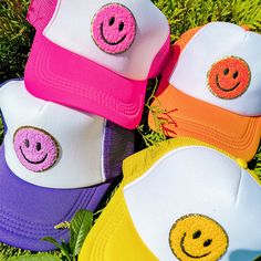 Colorful trucker hat with a terry cloth smiley and gold outline Preppy Birthday Party Outfit Ideas, Cute Trucker Hats For Women, Preppy Hats, Preppy Orange, Preppy Hat, Preppy Birthday, Orange Outfits, Chenille Patches, Nashville Bachelorette Party