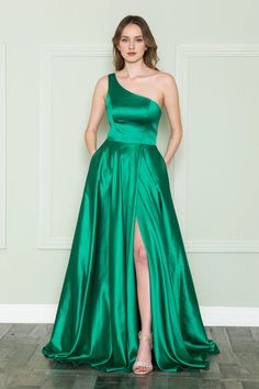 Long one shoulder A-line dress Green A-line Prom Season Dress, Green A-line Dress For Prom Season, Green A-line Prom Dress, Spring A-line One Shoulder Cocktail Dress, Elegant A-line Dress With Side Zipper, One Shoulder Summer Prom Gown, One Shoulder Gown For Summer Prom, One-shoulder Gown For Summer Prom, Green A-line Dress For Homecoming