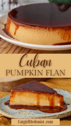 two plates with desserts on them and the words cuban pumpkin flan above it