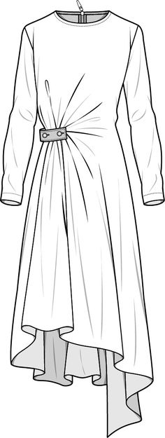 a drawing of a white dress with long sleeves and a tie on the waist,