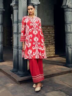 Buy Red Ikat Printed Cotton Kurta with Pants- Set of 2 | VJ204F24/01/KP/RED/VJ204 Cotton Kurta, Ikat Print, Printed Cotton