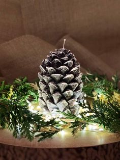 a pine cone sitting on top of a wooden table next to evergreen leaves and lights