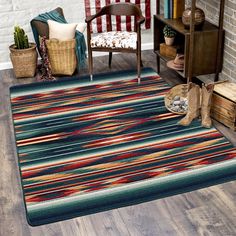 Made in the USA. Woven from premium EnduraStran nylon for easy care and durability. Synthetic Loc-Bak backing ensures this rug lays flat and won’t curl. Use of a rug pad is recommended to prevent slippage and movement. 8-ft x 8-ft size is perfect for living rooms and foyers. Heat resistant fiber is safe to use in any area of your home. Spot cleans easily with mild detergent/ vacuum regularly to keep it looking like new. Moisture-wicking nylon material resists pet dander and bacteria. 1-year warranty gives you peace of mind. American Dakota Jackrabbit 8 x 8 Round Indoor Southwestern Area Rug | 0568MUL296 Aztec Rugs, Southwest Style Home, Southwest Rug, Southwest Rugs, Rugs Runners, Luxury Floor, Southwestern Rug, Southwestern Area Rugs, Jack Rabbit