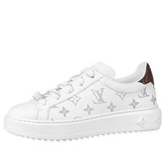 (WMNS) LOUIS VUITTON Time Out Sneakers 'White with Silver Monogram' 1A9HB7 Luxury Custom White Sneakers With Embossed Logo, Luxury White Custom Sneakers With Embossed Logo, White Luxury Low-top Sneakers, Designer White Custom Sneakers With Embossed Logo, Luxury White Sneakers With Embroidered Logo, Luxury White Custom Sneakers, White Lace-up Sneakers With Metallic Logo, Luxury White Custom Sneakers With Perforations, Luxury White Custom Sneakers With Logo Print