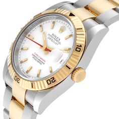 Rolex Datejust Turnograph 36mm Steel Yellow Gold Mens Watch 116263. Officially certified chronometer automatic self-winding movement. Stainless steel case 36mm in diameter. Rolex logo on 18k yellow gold crown. 18k yellow gold fluted bidirectional rotating turnograph bezel. Scratch resistant sapphire crystal with cyclops magnifier. White dial with luminous yellow gold baton hour markers. Date window at 3 o'clock aperture. Red seconds hand and date wheel. Stainless steel and 18K yellow gold oyster Gold Watch Men, Rolex Logo, Pre Owned Rolex, Fine Watches, Gold Crown, 3 O Clock, White Dial, Swiss Watches, Rolex Datejust