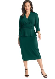 Own any conference room you enter with confidence in peplum this detail dress by London Collection. The wrap-style bodice creates a timeless silhouette that accentuates your waist and flatters your curves. Style it with patent leather pumps and gold jewelry. V-neck ¾ sleevesWrap band waistPeplum detailMidi 46" length Polyester/spandexMachine washableImported | Plus Size Women's V-NECK PEPLUM MIDI DRESS by Jessica London in Emerald Green (Size 12 W) Peplum Midi Dress, Occasion Dresses Wedding, Tunic Tank Tops, Sweater Collection, Clothes Style, Swimsuits For All, Patent Leather Pumps, Leather Pumps, Hoodie Dress