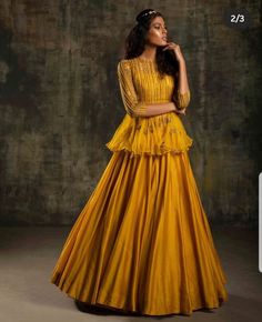 Peplum Top Outfits Indian, Outfit For Haldi Function, Yellow Dress For Haldi Function, Dress For Haldi Function, Haldi Function Dress, Haldi Ceremony Outfit