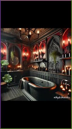 an old fashioned bathtub with candles lit in the corner and on the wall behind it