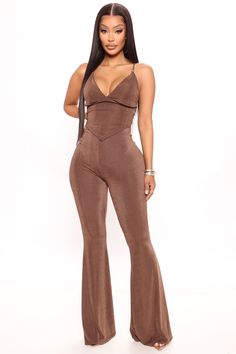 Available In Kelly Green And Brown. Slinky Pant Set Crop Top V Neck Hardware Details Lined Bust Flare Pant Stretch 95% Polyester 5% Spandex Made in USA | Hayden Slinky Pant Set in Brown size Small by Fashion Nova Brown Baddie Outfits, Brown Two Piece Outfit, Brown Outfits For Black Women, 1 Piece Outfit, Flare Pants Set, Taupe Fashion, Cute Birthday Outfits, Fashion Nova Outfits, Outfits Petite