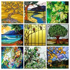 four different stained glass panels with trees and flowers on them, all in different colors